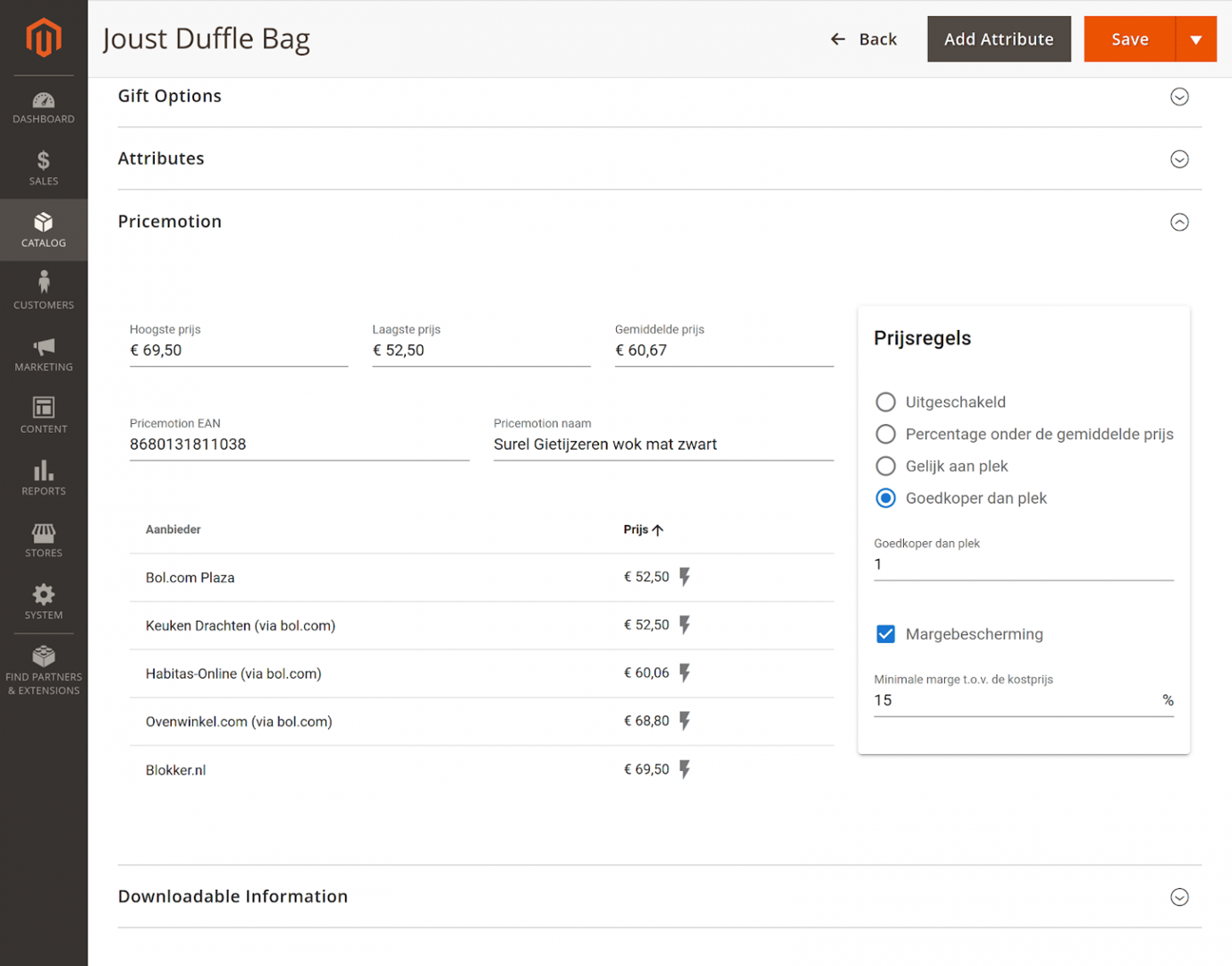 Magento Dashboard met Pricemotion integratie
