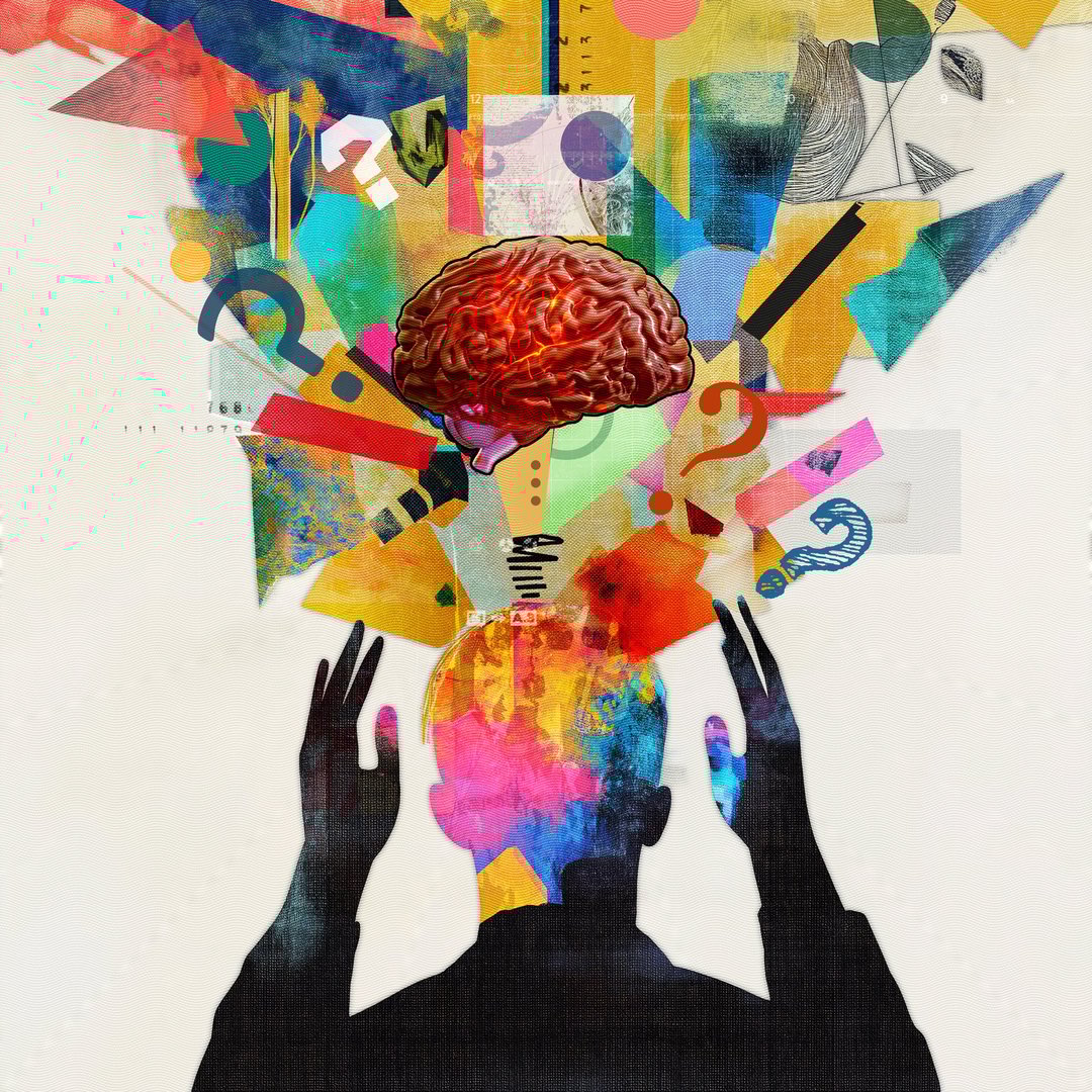 Complexity of thought processes and the human mind. Thoughts, creativity, emotions, mental health, vibrant art collage. Psychology, self-analysis, mental disorders and wellbeing, cognitive processes