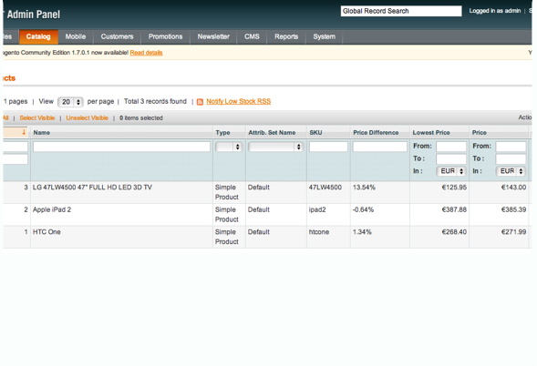 Pricemotion Magento catalogus producten overzicht - prijsmonitoring dashboard
