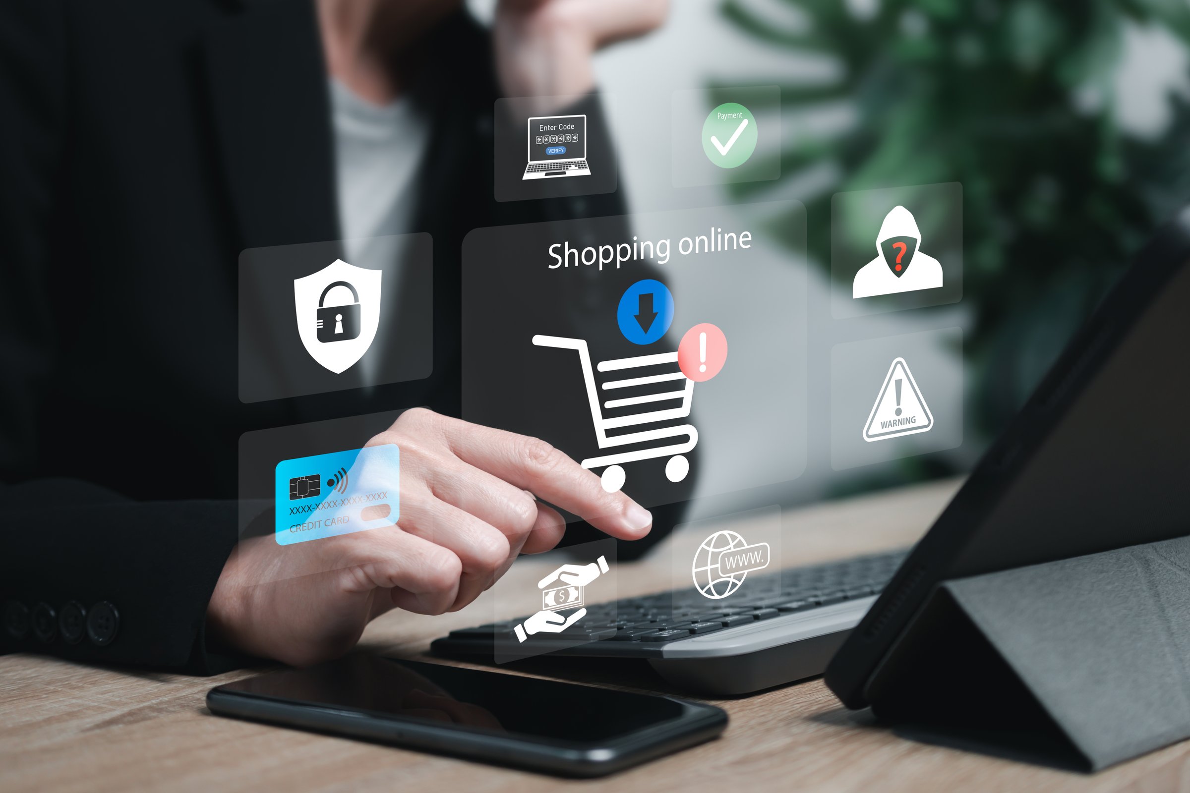 Online shopping scams, Consumer fraud, Businesswomen using tablets shopping on websites, Cyber fraud scammers, Pay for purchases, Credit card Numbers, Cybersecurity,Payment code confirmation Warning