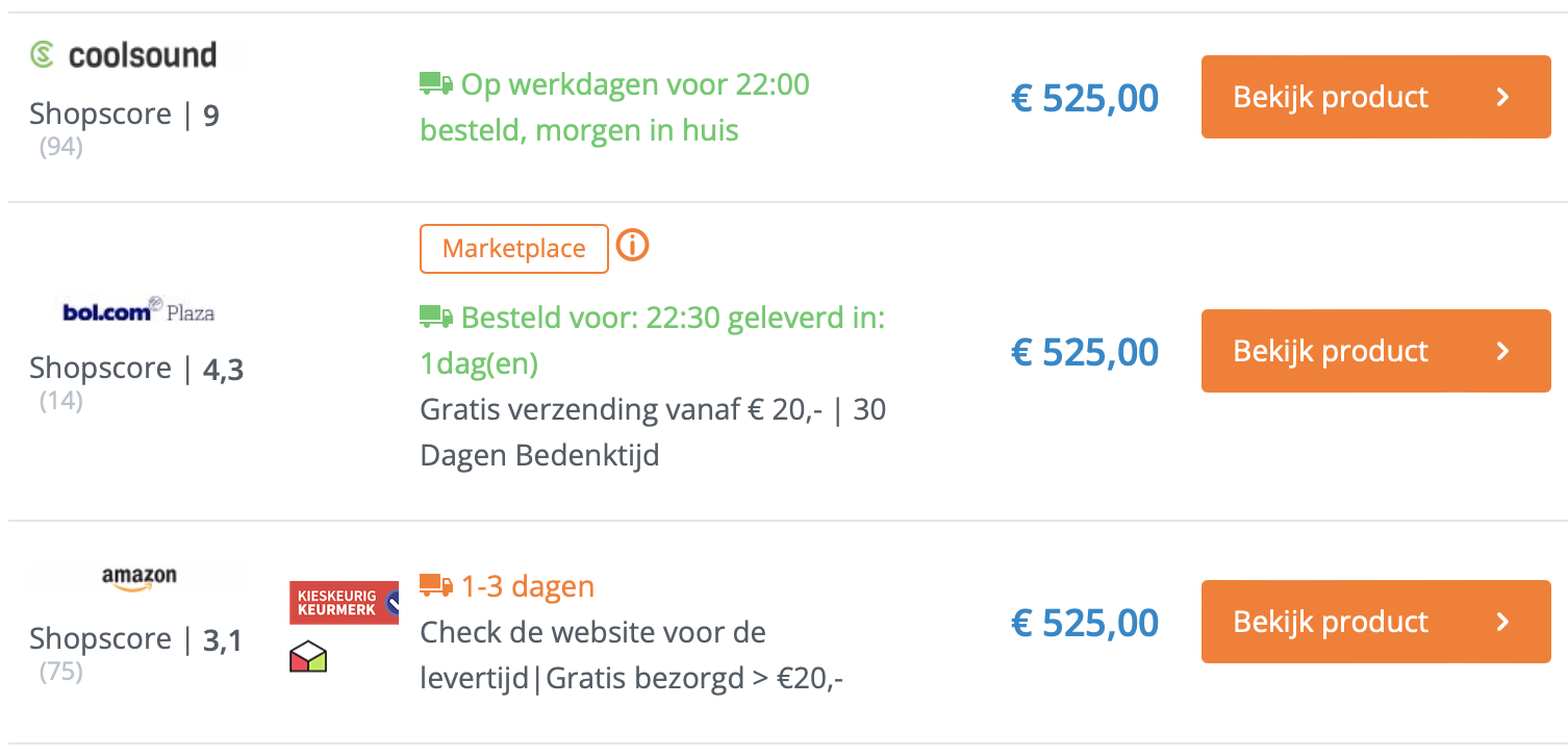 Screenshot van Kieskeuring met de top 3 aanbieders van een Espresso machine met dezelfde prijzen