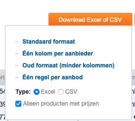 Screenshot van de Excel export functie